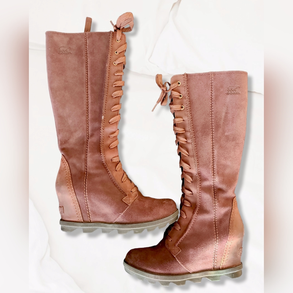 SOREL JOAN OF ARTIC TALL WEDGE BOOTS DARK BROWN SZ 8 STYLISH BOOT LIKE NEW
